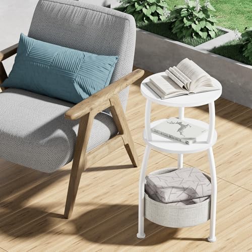 Yuede Round Side Table, 3 Tier Bedside Table, Small End Table with Fabric Basket, Coffee Table for Living Room, Bed Room, Small Space, Easy Assembly (White)