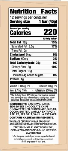 LARABAR CHOCOLATE CHIP COOKIE DOUGH, FRUIT AND NUT BARS, GLUTEN FREE AND VEGAN, 19.2 OZ, 12 CT