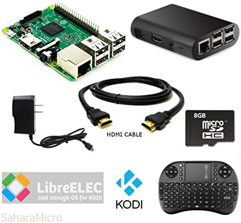 SaharaMicro SMI Raspberry Pi 3 Powered KODI Home Media Center 8GB, HDMI, WiFi, Black ABS Case, 5V 2.5A Power, MINI Wireless Keyboard KIT
