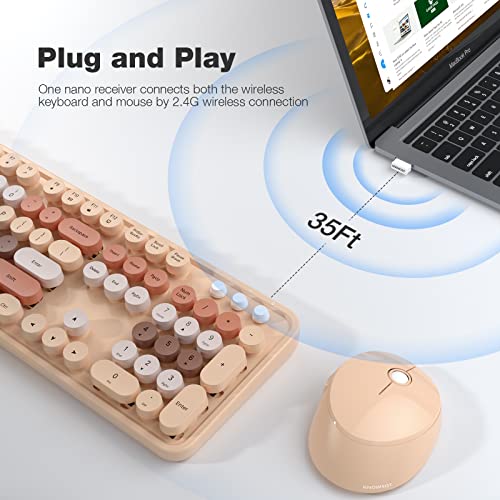 KNOWSQT Wireless Keyboard and Mouse Combo, Milk Tea Color 104 Keys Full-Sized 2.4 GHz Round Keycap Colorful Keyboards, USB Receiver Plug and Play, for Windows, Mac, PC, Laptop, Desktop
