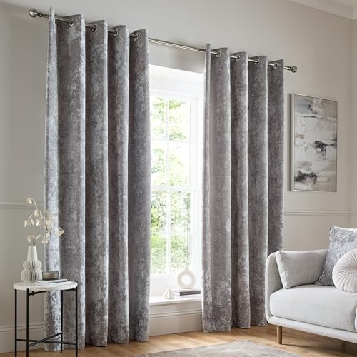 Catherine Lansfield Crushed Velvet 66x90 Inch Eyelet Curtains Silver Grey