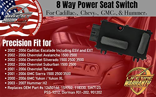 Left Side Driver 8-Way Power Seat Switch Adjustment Recline - Fits Cadillac Escalade, Chevy Silverado, Avalanche, Suburban, Tahoe, Sierra, Yukon, Hummer H2 - Replaces 12450166, 1S9702, SW7123, PSW15