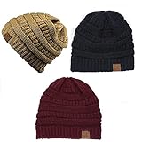 Trendy Warm Chunky Soft Stretch Cable Knit Slouchy Beanie Skully HAT20A (One Size, 3 Pack: Camel/Navy/Burgundy)