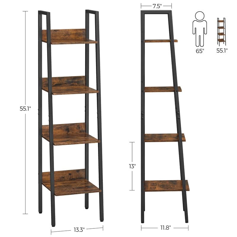VASAGLE Bookshelf, 4-Tier Narrow Book Shelf, 11.8 x 13.3 x 55.1 Inches, Ladder Shelf for Home Office, Living Room, Bedroom, Kitchen, Rustic Brown and Ink Black ULLS108B01