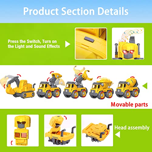 EDPOFUL Take Apart Robot Toys for Boys, 5-in-1 Construction Vehicles Transformation Toys, Building STEM Truck Toys for 5 6 7 Year Old Kids