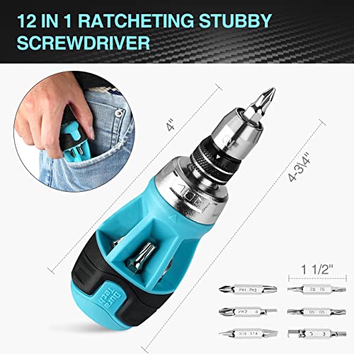 DURATECH Stubby Ratcheting Screwdriver, 12in1 Multibit Short Screw