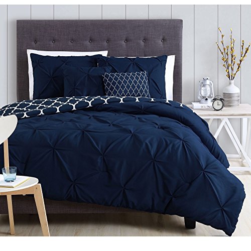 5 Piece Dark Navy Blue White Moroccan Pinch Pleated Comforter King Set