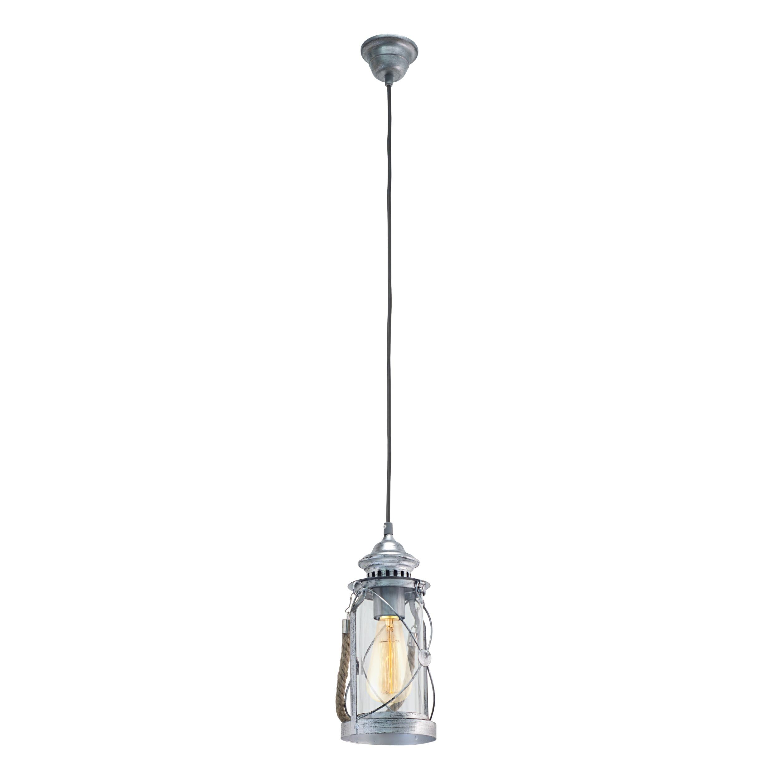 Eglo Pendant Lighting Bradford, Vintage Ceiling Light Fitting Made Antique Silver Steel, Lantern, Hanging lamp for Dining and Living Room, E27 Socket
