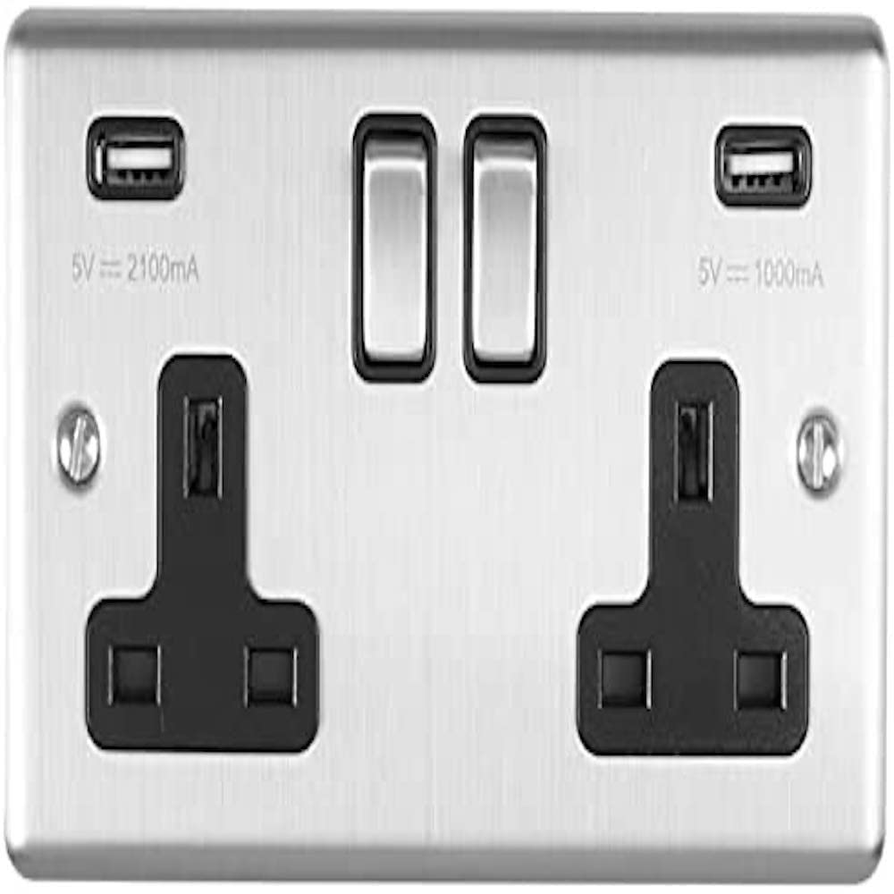 Enhance Decorative 2 Gang USB Socket Satin Stainless Finish With Black Trim — image 1