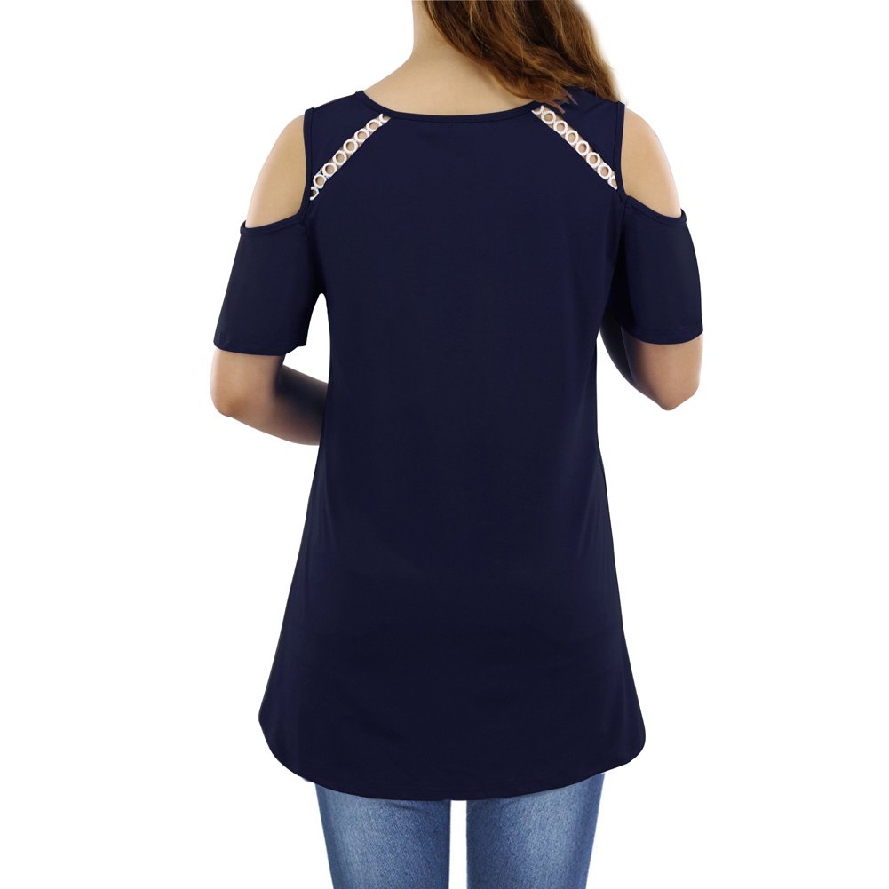 NASKY Women\'s Short Sleeve Casual Cold Shoulder Tops Round Neck Loose Blouse (Small, Dark Blue)