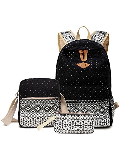 Mootify Canvas Backpack Set 3 Pieces , Laptop School Backpack For Teens Girls (point-black)