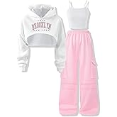 Voxikodex Size 11 12 Years Girls 3PCS Fashion Clothing Set Cropped Hoodie Cami Top Cargo Pants Cute Girls Clothes Set Pink(11-12Y)
