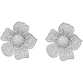 CZ Diamond Flower Stud Earrings for Women Girls Hypoallergenic Silver Post Pin Fashion Luxury Pave Rhinestone Blossom Wedding Prom Party Jewelry Dainty Gifts for Bridal Bridesmaids
