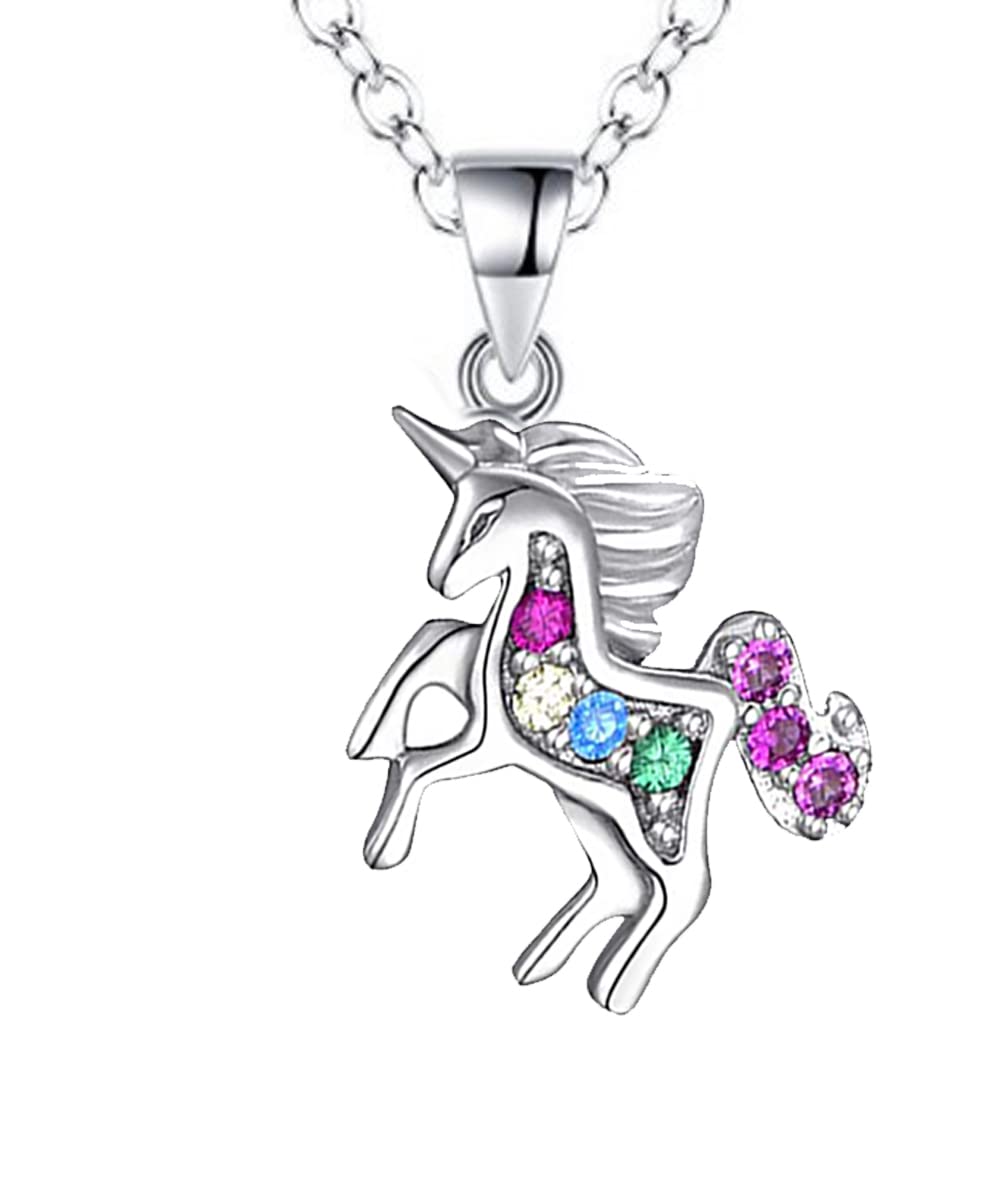 Kaguyo Silver Necklace for Women, 925 Sterling Silver Multicolour Zirconia Unicorn Pendant Necklace - Crystal Necklaces for Women Girls Birthday Gifts