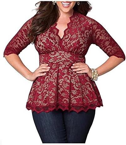 Darkey Wang Womens Plus Size(XL-5XL) V-neck Sleeved Floral Lace Tunic Peasant Tops Blouse(5XL)