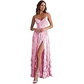 Floral Chiffon Long Bridesmaid Dresses for Women A Line V Neck Formal Evening Gowns with Slit Ruffle Prom Dress