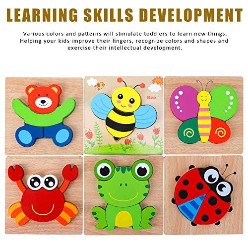 AKAMINO Wooden Animal Jigsaw Puzzles for Toddlers Kids 1 2 3 Years Old, Boys & Girls Educational Toys Gift with 6 Animals Patterns, Vibrant Color Shapes