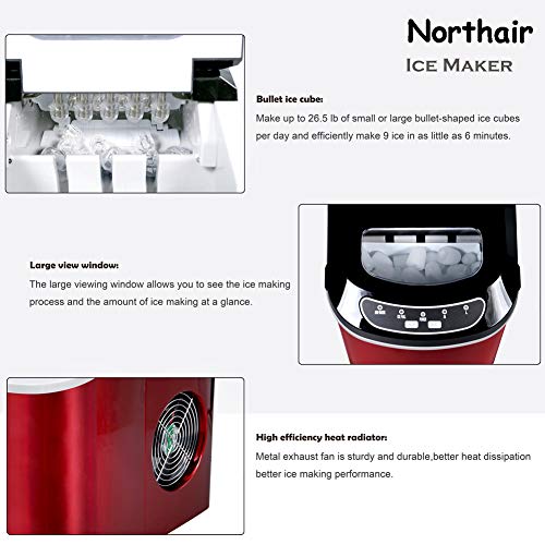 Northair Countertop Ice Maker Machine with 26lbs Daily Capacity, Stainless Steel Ice Cube Makers for RVs, Boats, Kitchens, Bars HZB-12/SA (Red) - Thumbnail 4