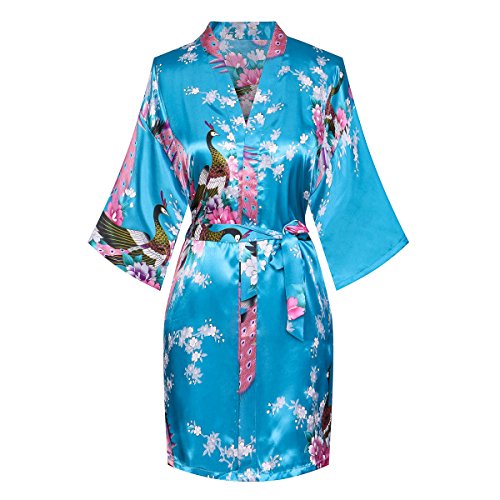Yukata Women's Short Kimono Robe, Peacock&Blossom Design, Blue XL