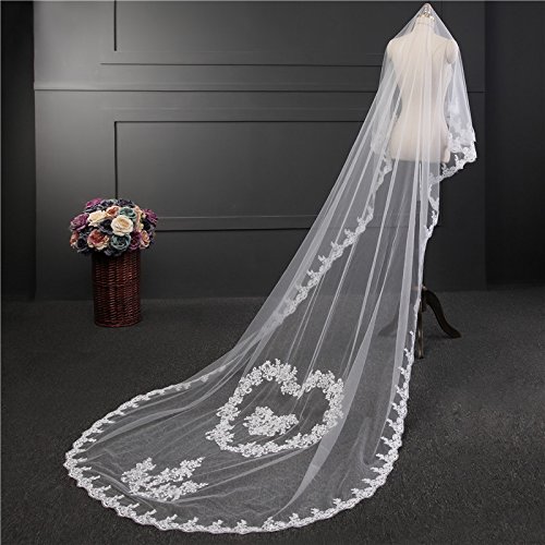 Zebratown 3M Wedding Bridal Appliqued Lace Edge Veil Floral Hearts Cathedral Veil (Ivory)