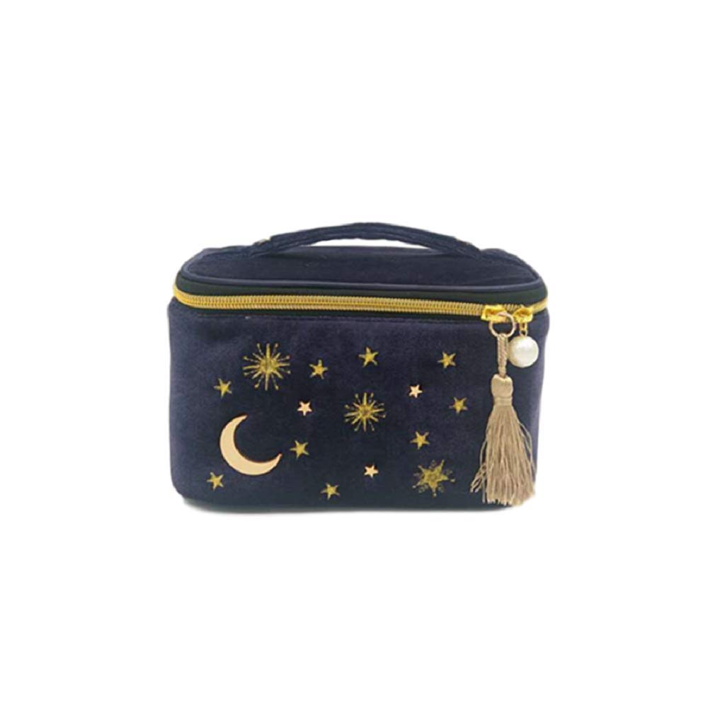 Handy cosmetic makeup bag,square Navy Velvet Embroidered Applique Moon Stars Sun Cosmetic Bag,High capacity Starry Makeup Pouch with Tassels & Pearl Zipper,Beautician Storage Bag Clutch Handbags,T