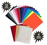 Heat Transfer Vinyl Glitter Combo - 20 Sheets: 16, 4 Glitter - For Cricut, Silhouette Cameo - HTV Permanently Adheres to Shirts & is Machine Washable