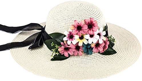 Hollosport 麦わら帽子 レディース ストローハット つば広 Uvカット リボン付き 折りたたみ可 おしゃれ 小顔 かわいい 持ち運びやすい 旅行 アウトドア ビーチ プレゼント 56 58cm