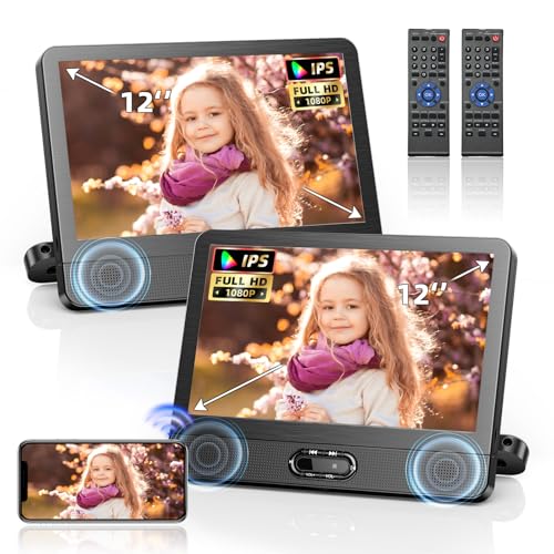 Arafuna 12" Dual Screen HD IPS Car DVD Player, Portable Headrest with HDMI, Wireless Mirror, Simultaneous Two Movie Playback, AV Out, USB/TF, Resume Memory