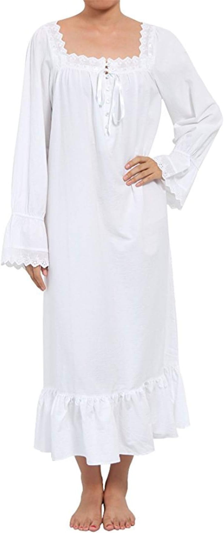Lalander Womens Cotton Nightdress Victorian Vintage Nightgown Long-Sleeve Nightdress Pajamas Sleep Shirt