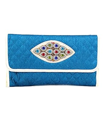 Saisha Crystal Brooch Embellished Blue and Gold Padded Design Clutch Bag