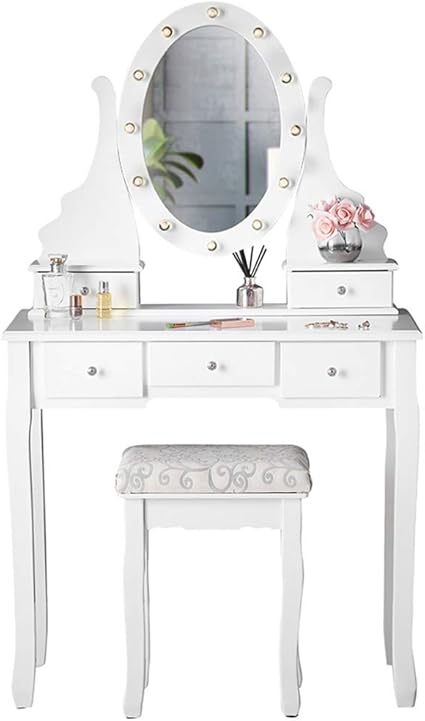 Beverley Dior Luxury White Dressing Table With Led Lights Vanity Oval Mirror Stool 5 Drawers For Bedroom Makeup Jewellery Storage Set Amazon Co Uk Home Kitchen