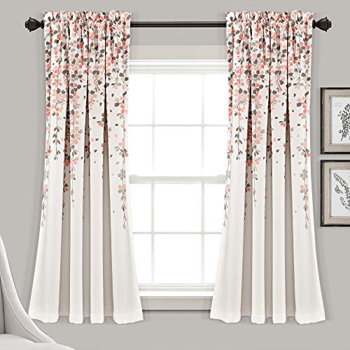 Lush Decor Weeping Flower Light Filtering Window Curtain Panels, Pair, 52 W x 63 L + 2 Header, Blush & Gray - Charming Modern Floral Curtains for Living Room, Dining Room, & Bedroom