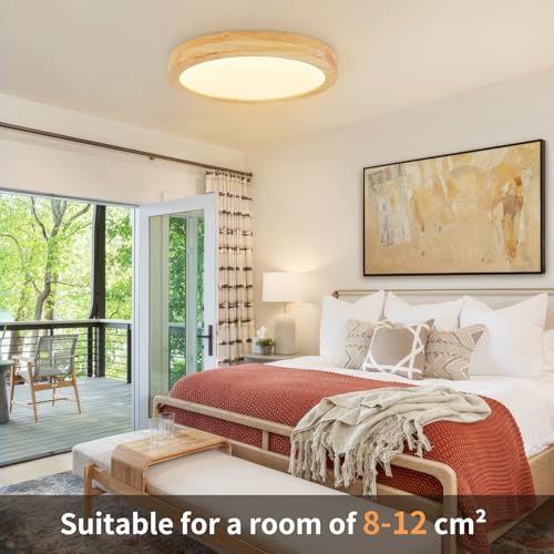 Kambo LED Ceiling Light Wood 3000K Warm White 24W 3100LM | Round Nordic Flat Ceiling Light Diameter 30 cm for Bedroom, Living Room, Kitchen, Dining Room, Hallway