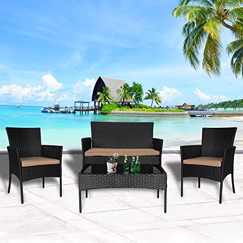 Cloud Mountain 4 PC Wicker Rattan Patio Conversation Set Sofa Cushioned Wicker Rattan Chair Glass Top Table Furniture Set Bench Love Seat Outdoor Lawn Sectional Seat, Black Rattan with Khaki Cushion