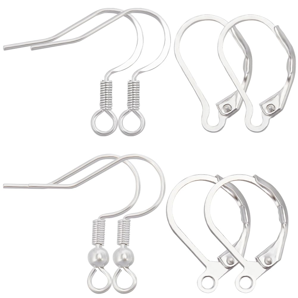Beebeecraft 4 Styles 40Pcs Earring Hooks 925 Sterling Silver Plated Leverback Earring Findings for DIY Jewelry Earring Making