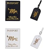2 Sets Couples Passport Holder Set PU Leather Mr.and Mrs.Luggage Tags Black and White Passport Covers and Luggage Tags Travel Accessories for Storing Passport Boarding Passes Credit Cards