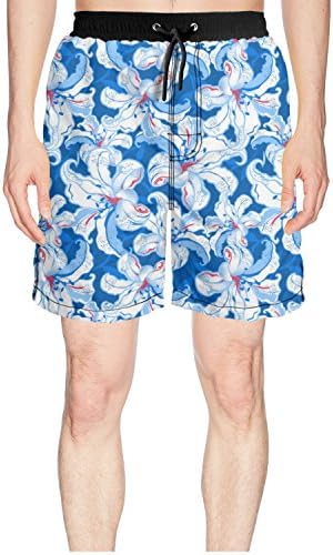 truye rrelk Novelty Blue and White Hibiscus Loose Men Beach Swim Shorts