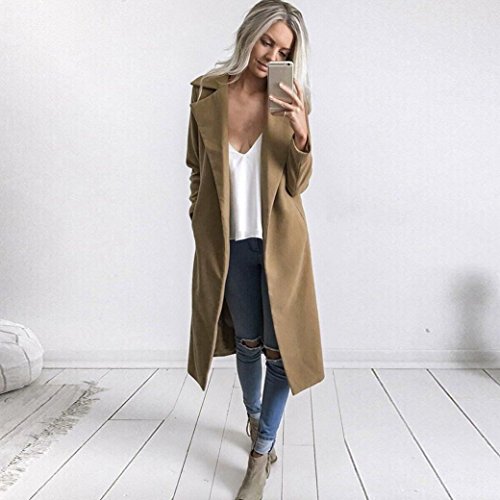 Hot Sale! Napoo Women Long Coat Winter Lapel Parka Jacket Solid Cardigan Overcoat Outwear (S, Khaki)