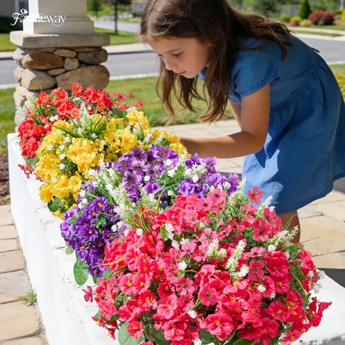 Faylifeway 16 Bundles Artificial Flowers for Outdoors, UV Resistant Fake Outdoor Flowers, Silk Faux Flowers for Outside Planters,Garden,Porch,Yard,Home Decor(Mixed Color)