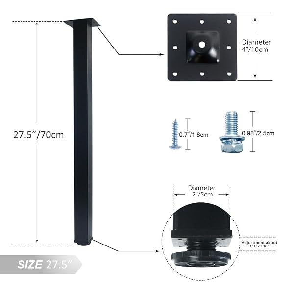 QLLY 27.5 INCH / 70CM ADJUSTABLE METAL DESK LEGS, SQUARE OFFICE TABLE FURNITURE LEG, SET OF 4 (27.5 INCH, BLACK)