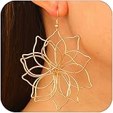 Boho Big Gold Wire Flower Earrings for Women, Simple Large Hollow Floral Drop Dangly Earring Charm Silver Trendy Dangling Ear Aesthetic Jewelry Gifts