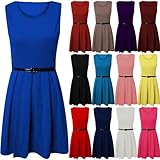 Fashion Wardrobe Womens Skater Dress Sleeve Less Tailored Short Party Belted