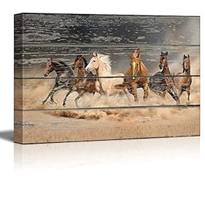 Galloping Horses on Vintage Wood Textured Background Rustic Country Style