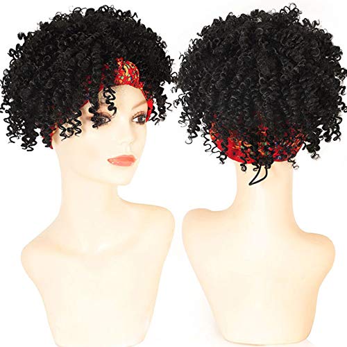 Short Curly Headband Wigs for Black Women, Drawstring Headwrap Hairstyles Synthetic Hair Wigs Headband Afro Wigs Natural Color (7Inch Red Headband)