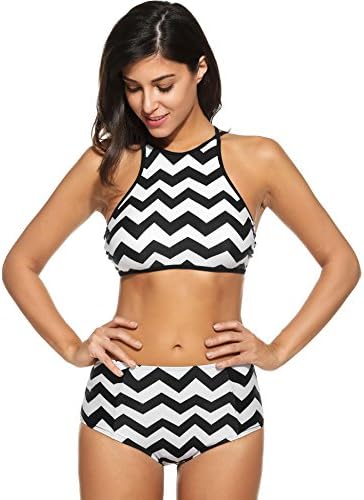 elomes Women's Halter High Waist Two-Piece Bikini Set Bathing Suit Striped Swimsuit, Black, Large