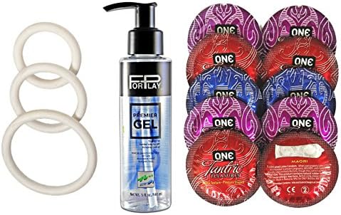 New Spartacus 3 Pack Nitrile Ring Set with Premium Water-based Personal Lubricant 5 Oz Forplay Premier Gel and 10 Free Condoms