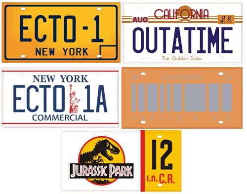 OPO 10 - Set of 5 replica license plates of the cars of the 3 films JURASSIC + GHOSTBUSTERS + BACK TO THE FUTURE (PF04)