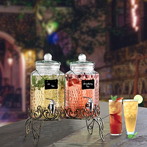 Elegant Hammered Glass Double Beverage Drink Dispenser on Antique Scroll Metal Stand - 1 Gallon Each Jug - 2 Erasable Mini Chalkboard Signs, White Liquid Chalk Marker - Home Bar & Party Centerpiece