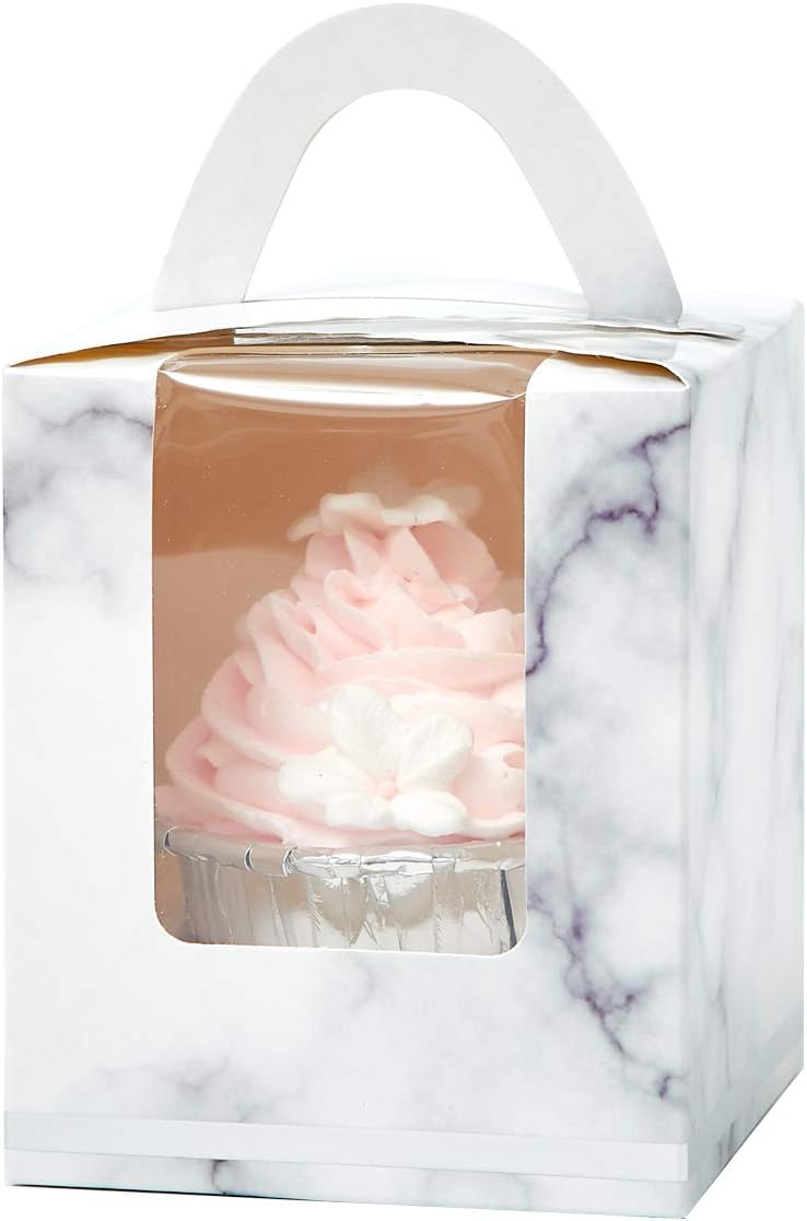 Yotruth Marble Cupcake Boxes Individual Easy Assembly Pop-up 50 Sets with Handle Window and Insert (Choice Series)