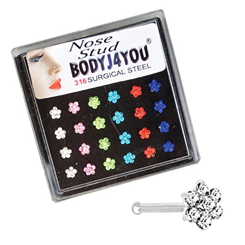 UPC 821700345198, BodyJ4You Nose Stud Bone Stainless Steel Crystal Flower Nose Ring 20G (0.8mm) 24PC in Case